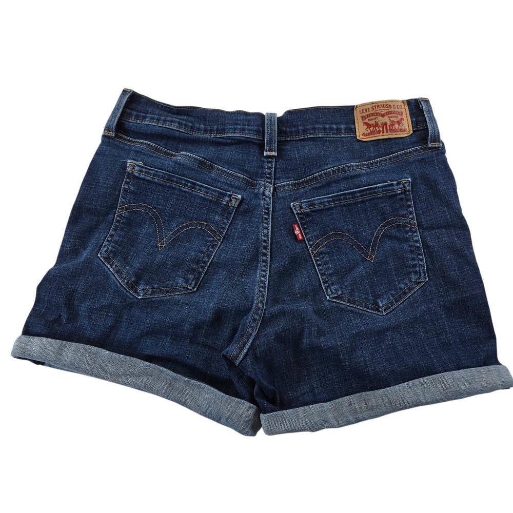 Levis Womens 28 Mid Length Denim Shorts Dark Wash Cuffed Blue Jean Shorts - Picture 9 of 9